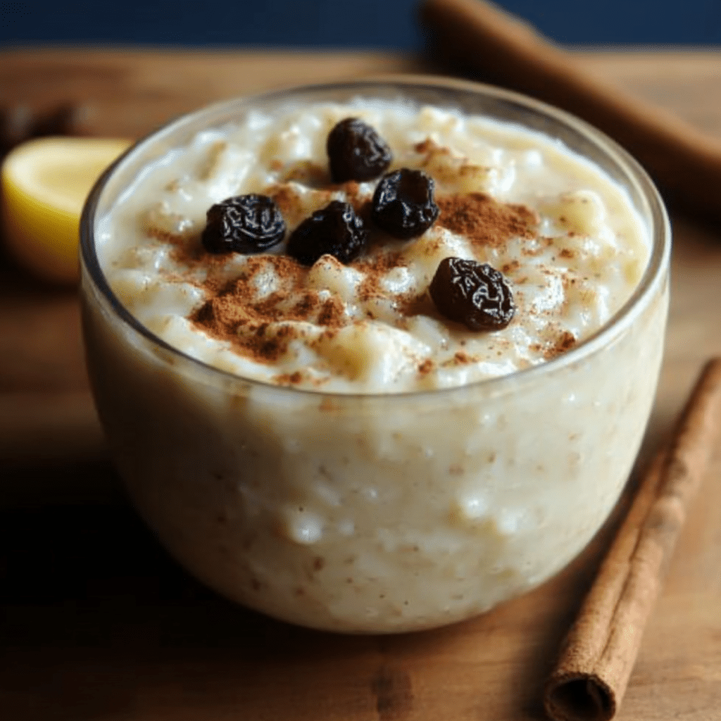Un vaso con arroz con leche listo para disfrutar en una tarde con amigos, receta Chef Goya