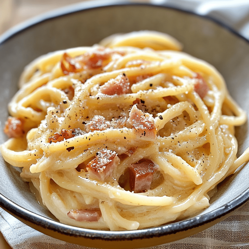 Un plato con pasta carbonara, para los amantes de la comida italiana, receta de Chef Goya