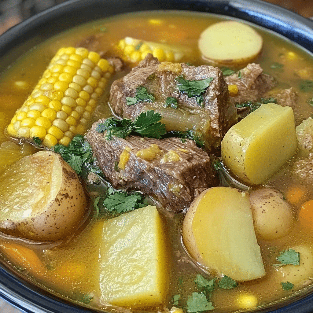 Un plato con sancocho de res, si deseas una receta deliciosa, receta de Chef Goya.