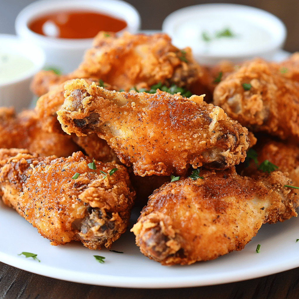Un plato con Alitas de pollo fritas caseras, si deseas hacerlas en casa es super facil de hacer, receta de Chef Goya.