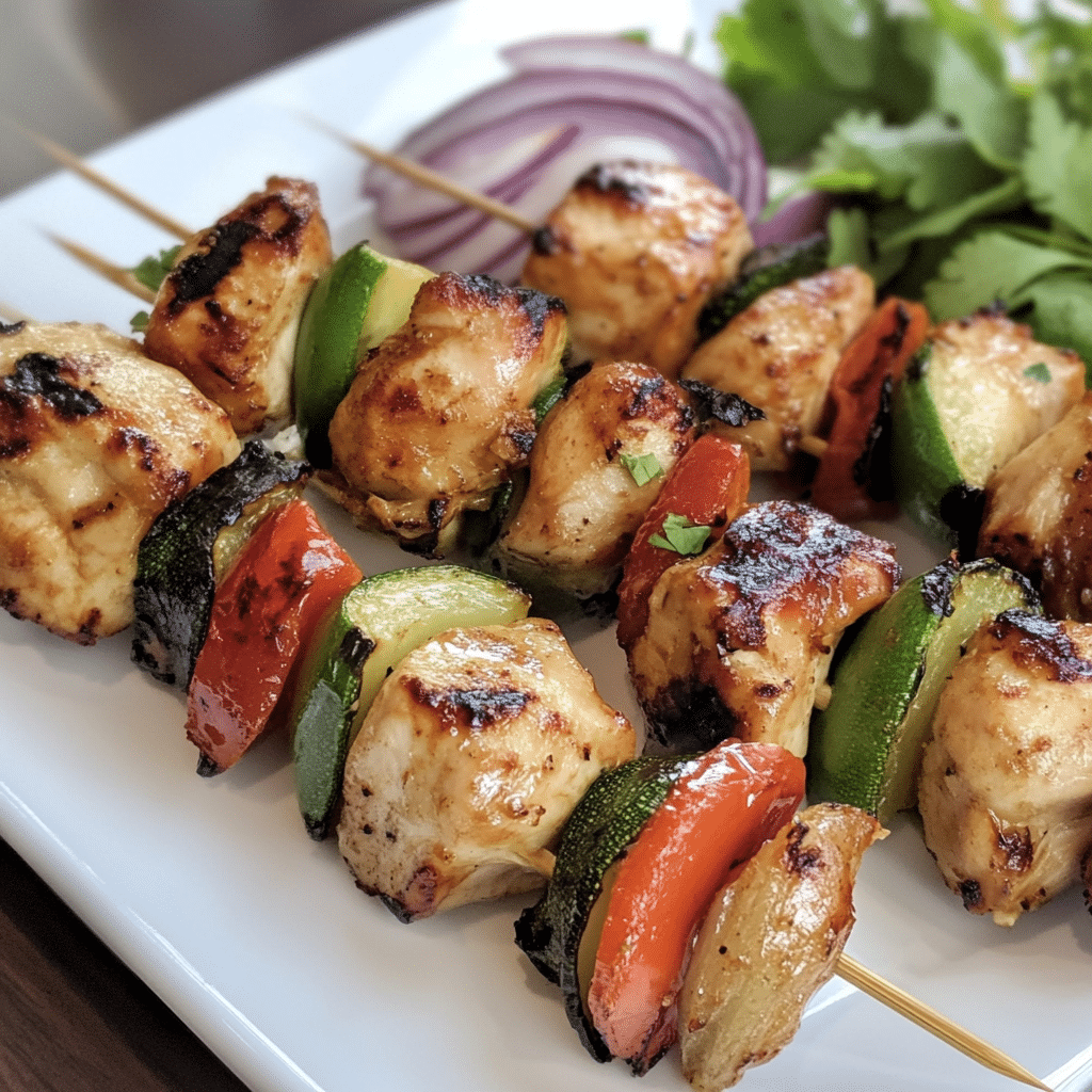 Un plato con brochetas de pollo, si deseas algo simple para un brunch con tu familia o amigas, receta de Chef Goya.