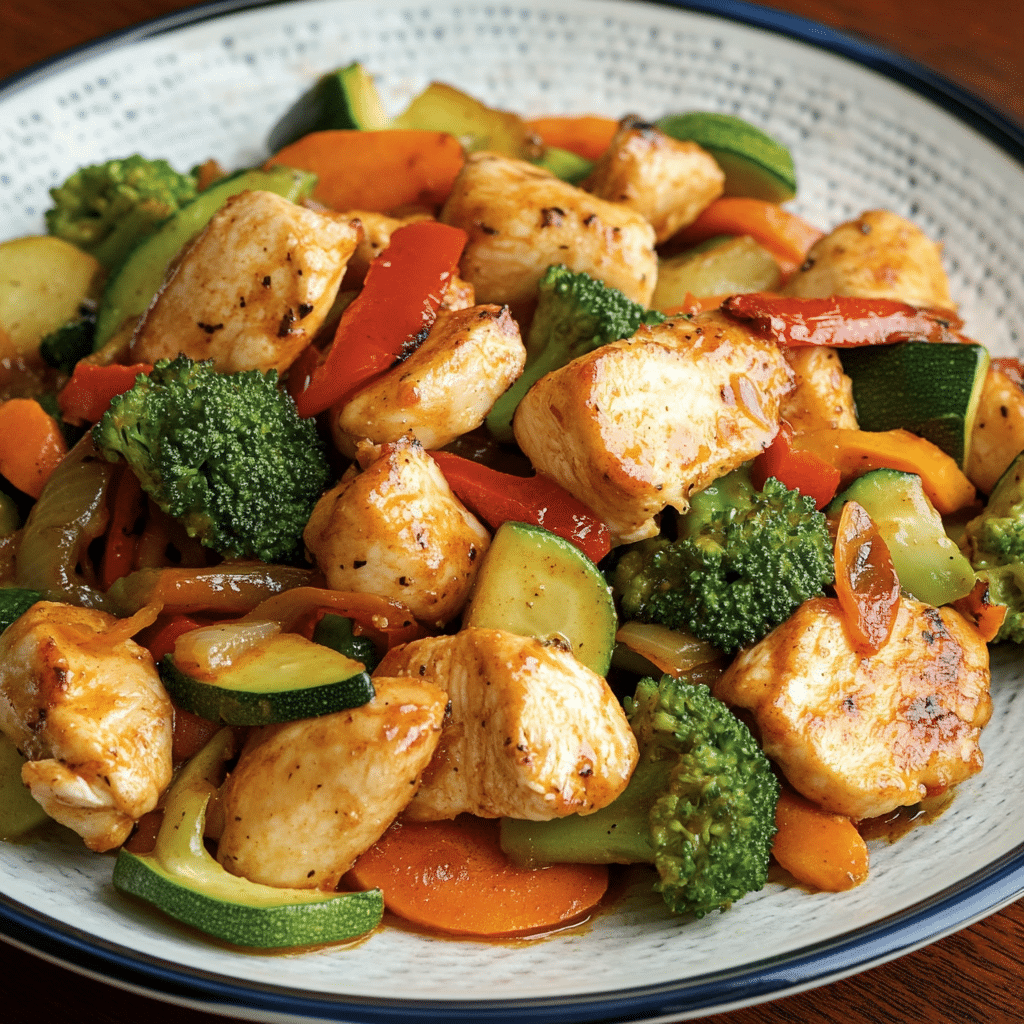 Un plato con pollo con verduras, si deseas algo nutritivo, receta de Chef Goya.