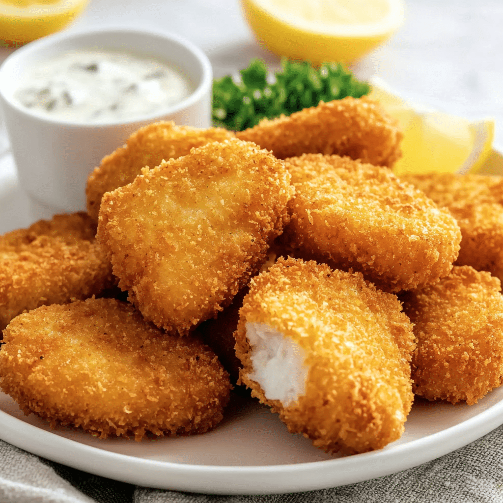 Un plato con nuggets de pescado, si deseas un snack delicioso, receta de Chef Goya.