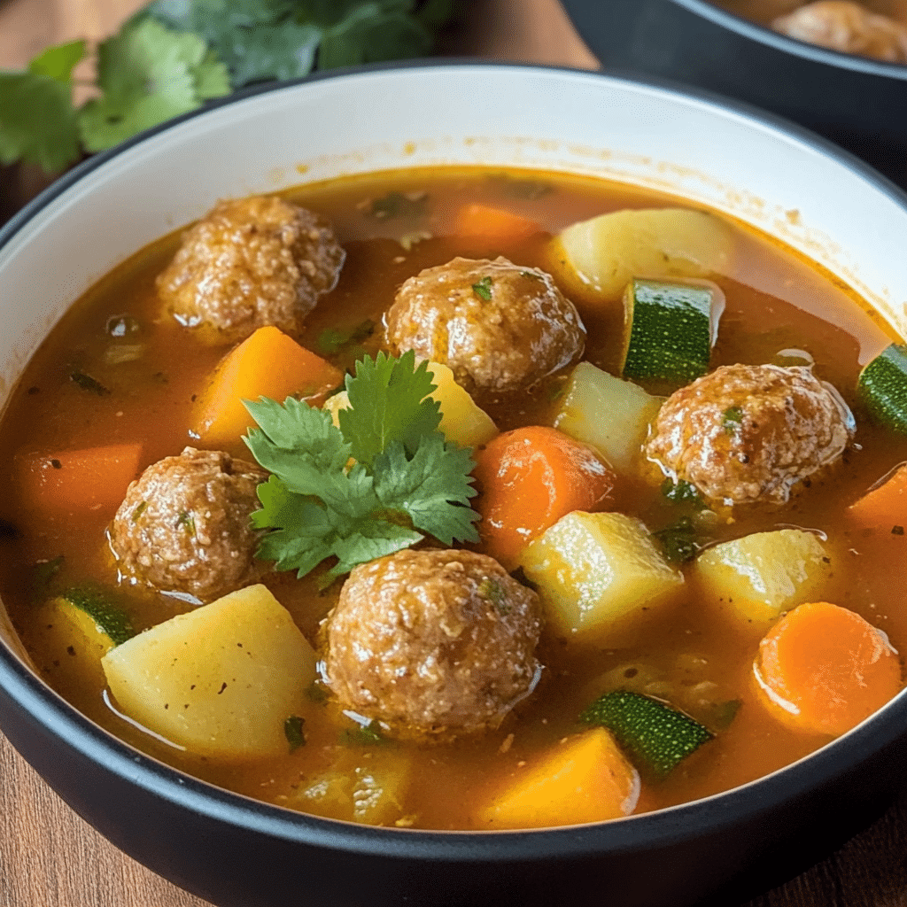 Un plato con caldo de albondigas, si deseas un plato facil y rico de hacer, receta de Chef Goya.