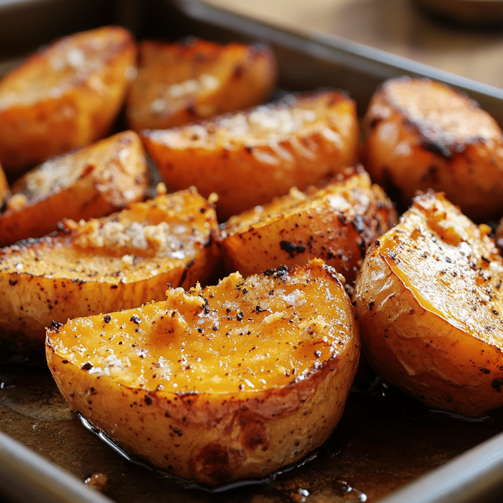 Una bandeja con camote al horno, por si deseas preparar un acompañante para tus platos favoritos, receta de Chef Goya.