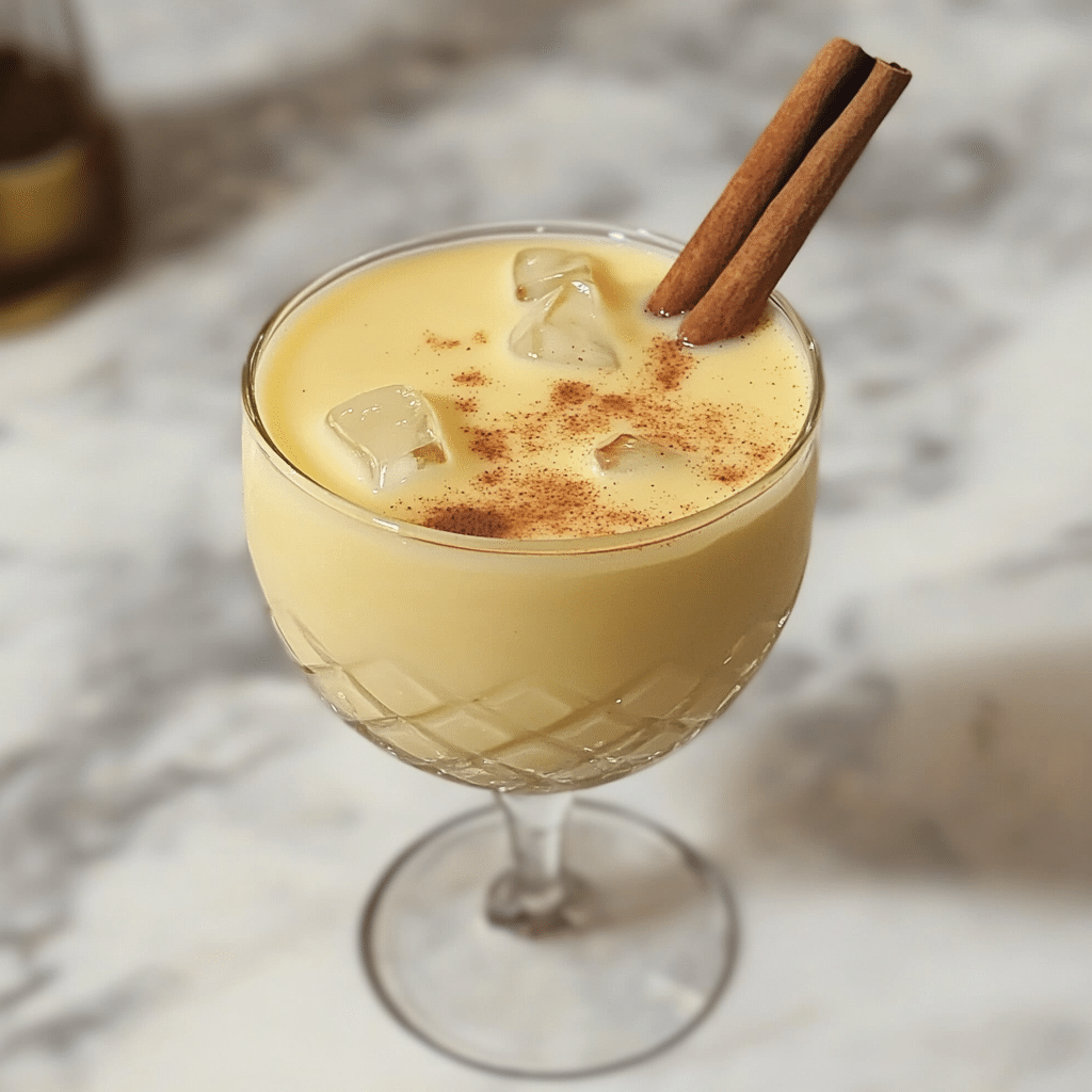 Un vaso con ponche crema, si deseas una bebida especial para ocasiones navideñas, receta de Chef Goya.
