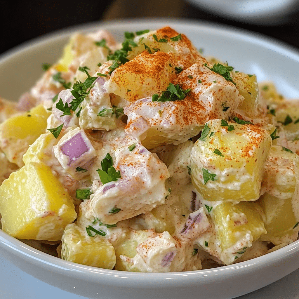 Un bowl con ensalada de papa, si buscas una receta de fácil de hacer, receta de Chef Goya.