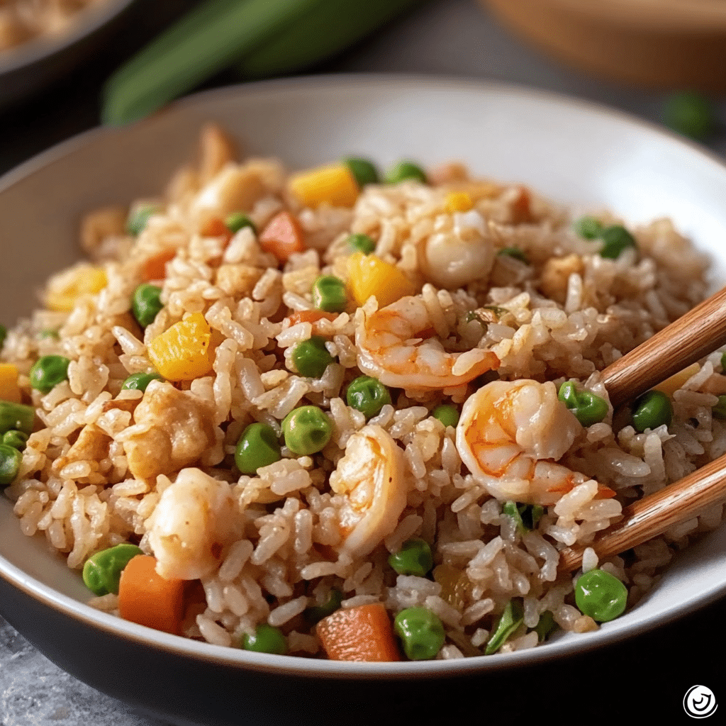 Un plato con arroz chino con camarones, si deseas una comida completa, receta de Chef Goya.