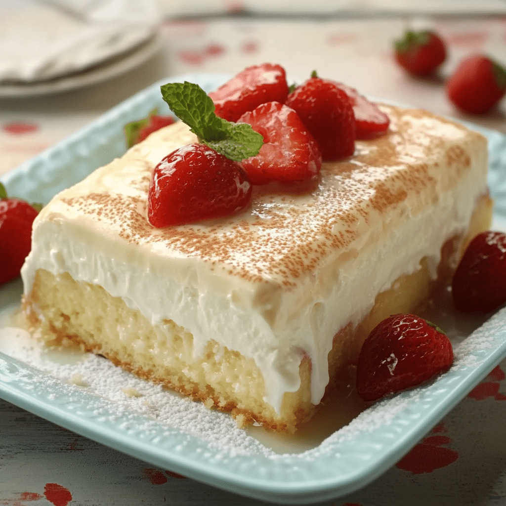 Un plato con un postre de tres leches, si deseas un postre delicioso, receta de Chef Goya.