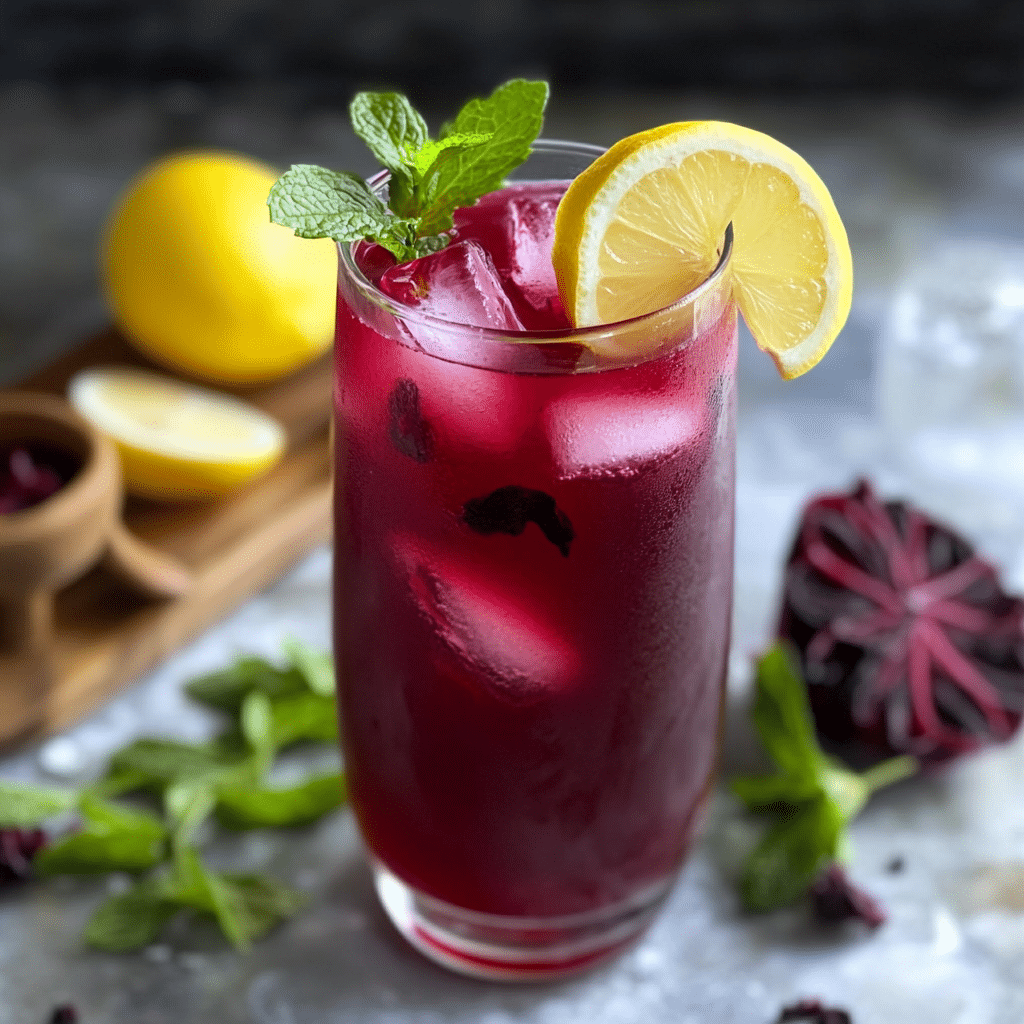 Un vaso con limonada de jamaica, si deseas una bebida unica y refrescante, receta de Chef Goya.
