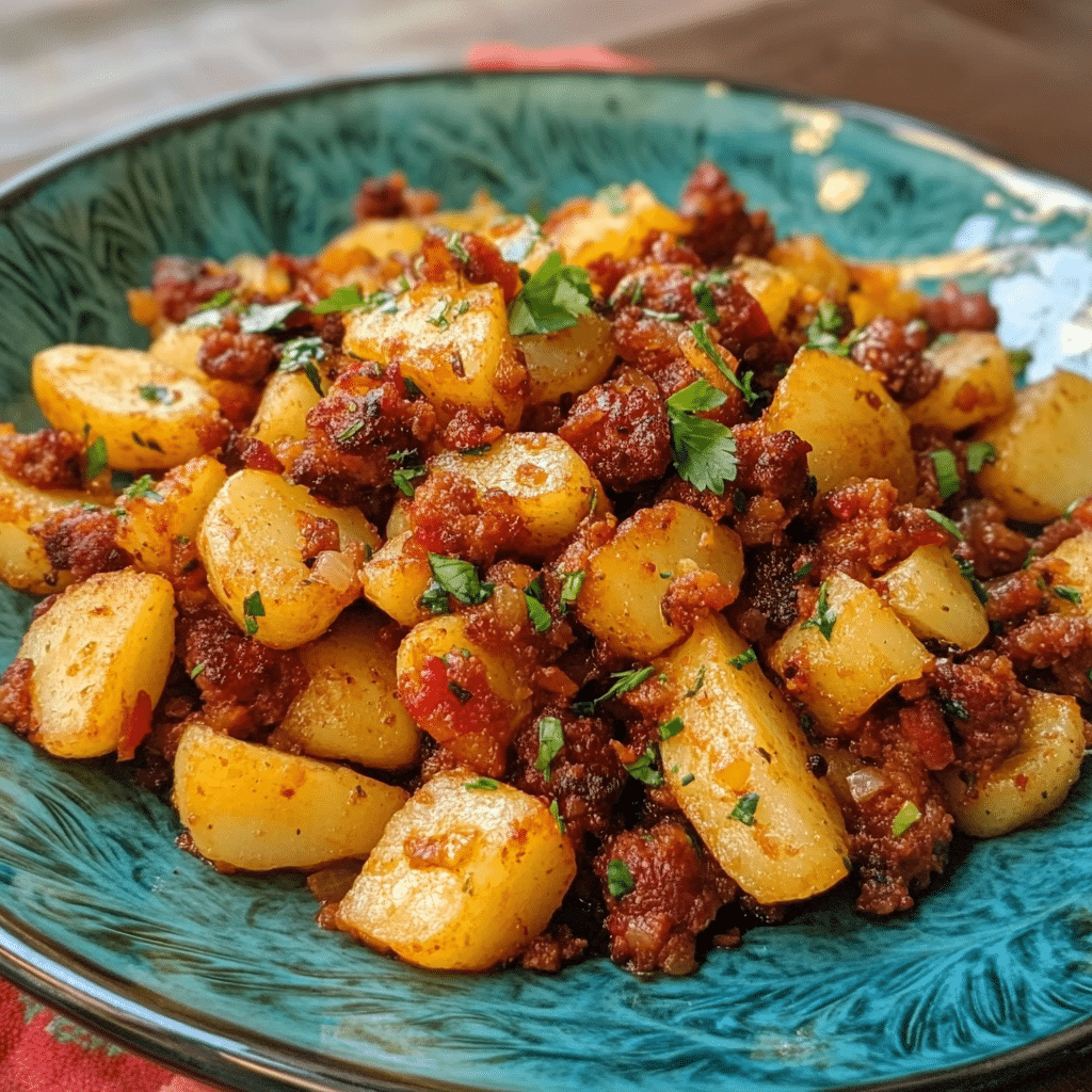 Un plato con papas con chorizo, si deseas una receta facil de hacer, receta de Chef Goya.