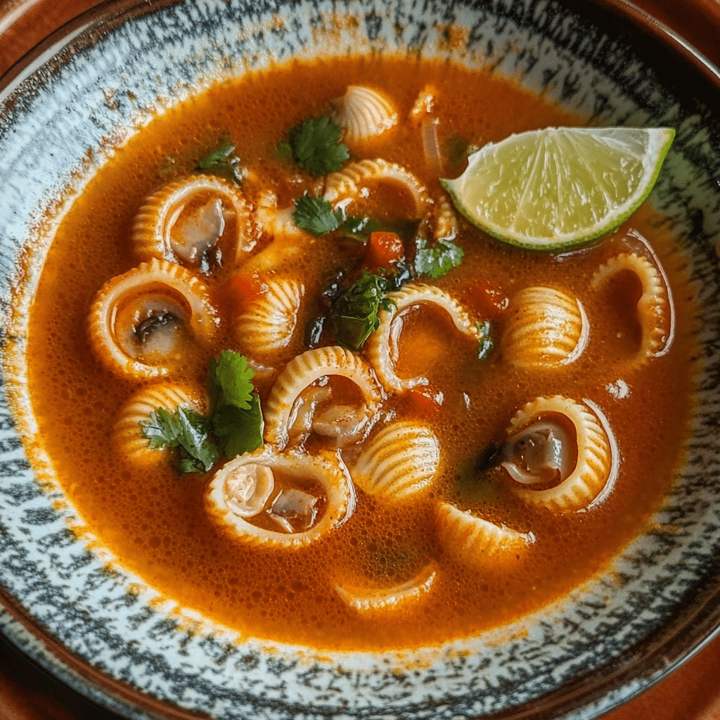 Un plato con sopa de caracol, si deseas una receta simple y facil de hacer, receta de Chef Goya.