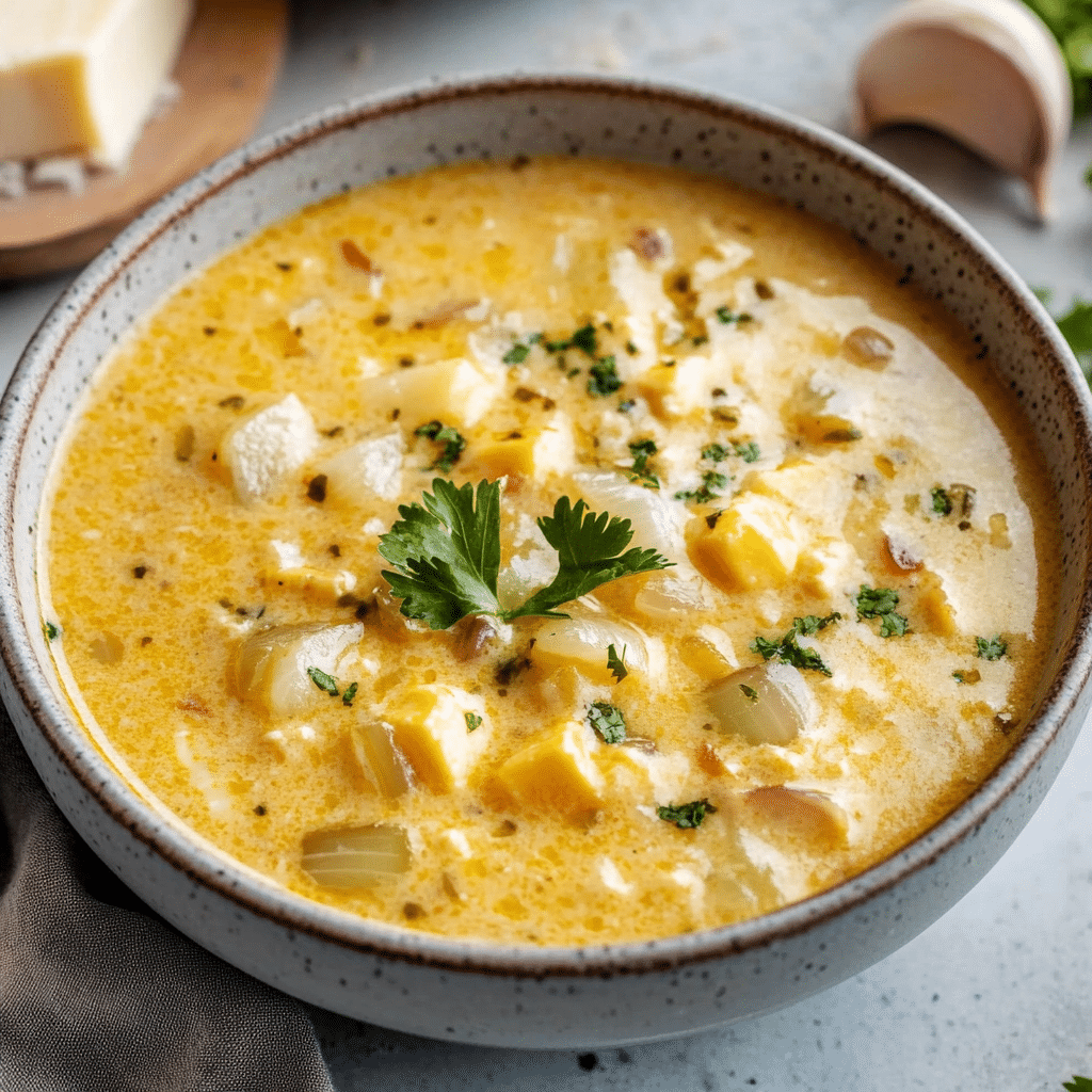 Un plato con sopa de queso, si deseas una receta diferente y rica, receta de Chef Goya.