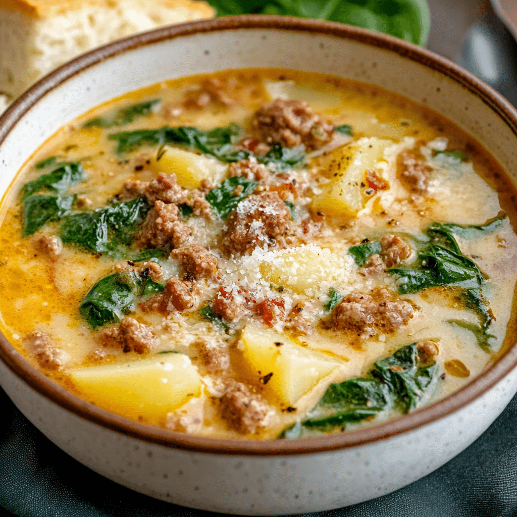 Un plato con zuppa toscana, si deseas una sopa diferente y saludable, receta de Chef Goya.