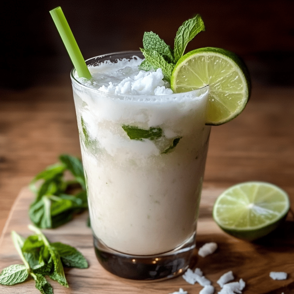 Un vaso con mojito de coco, si deseas aprender a hacer una bebida nueva para tu familia, receta de Chef Goya.