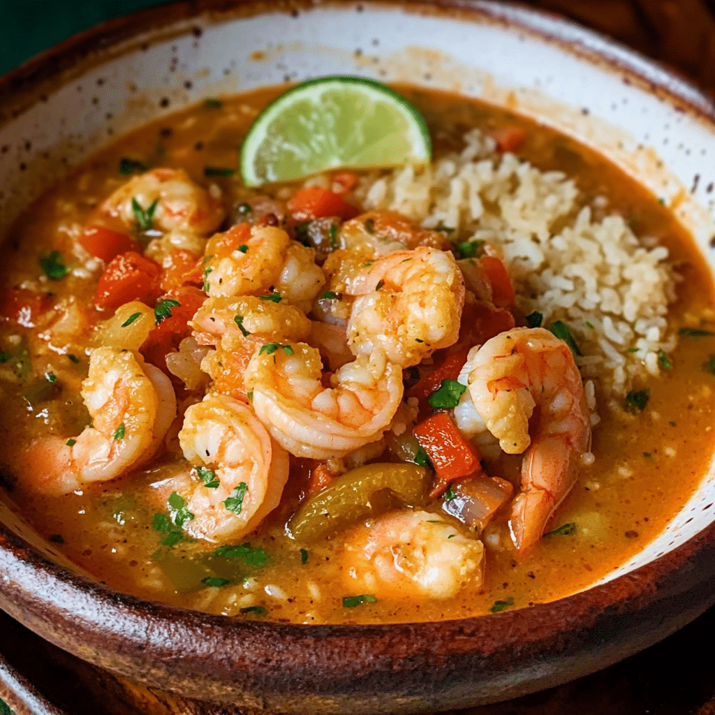 Un plato con asopao de camarones, si deseas una receta facil y rica de hacer, receta de Chef Goya.