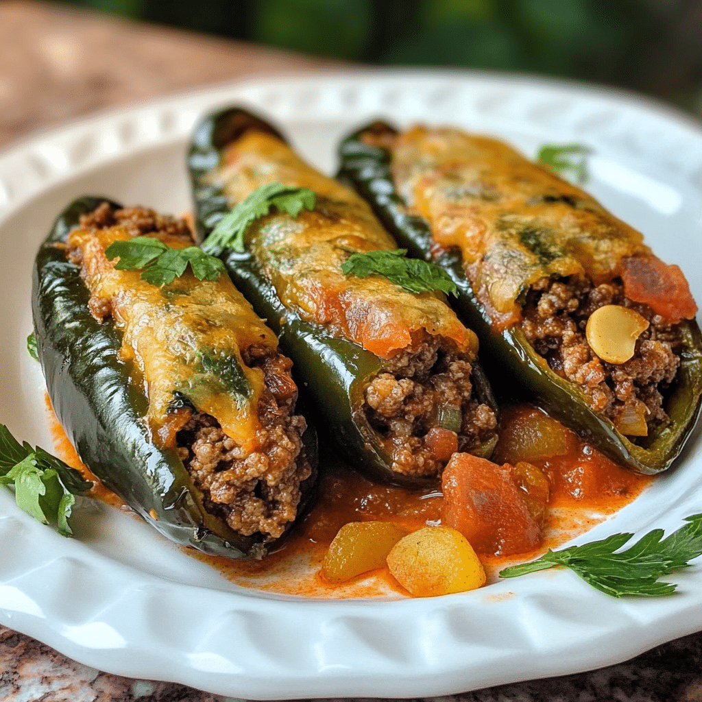 Un plato con Chiles Rellenos de Picadillo, si deseas una receta saludable y facil de hacer, receta de Chef Goya.