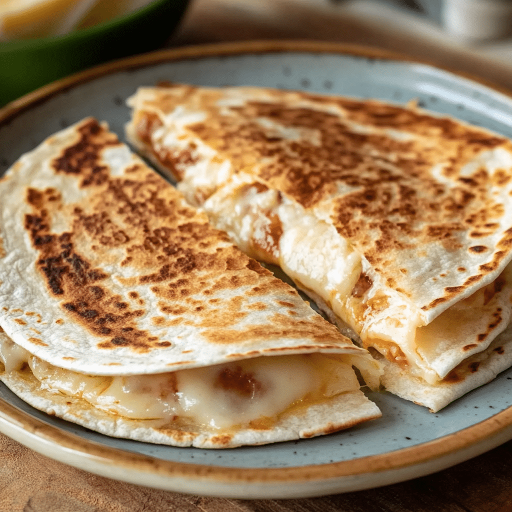 Un plato con quesadilla de queso, si deseas una receta facil de hacer, receta de Chef Goya.