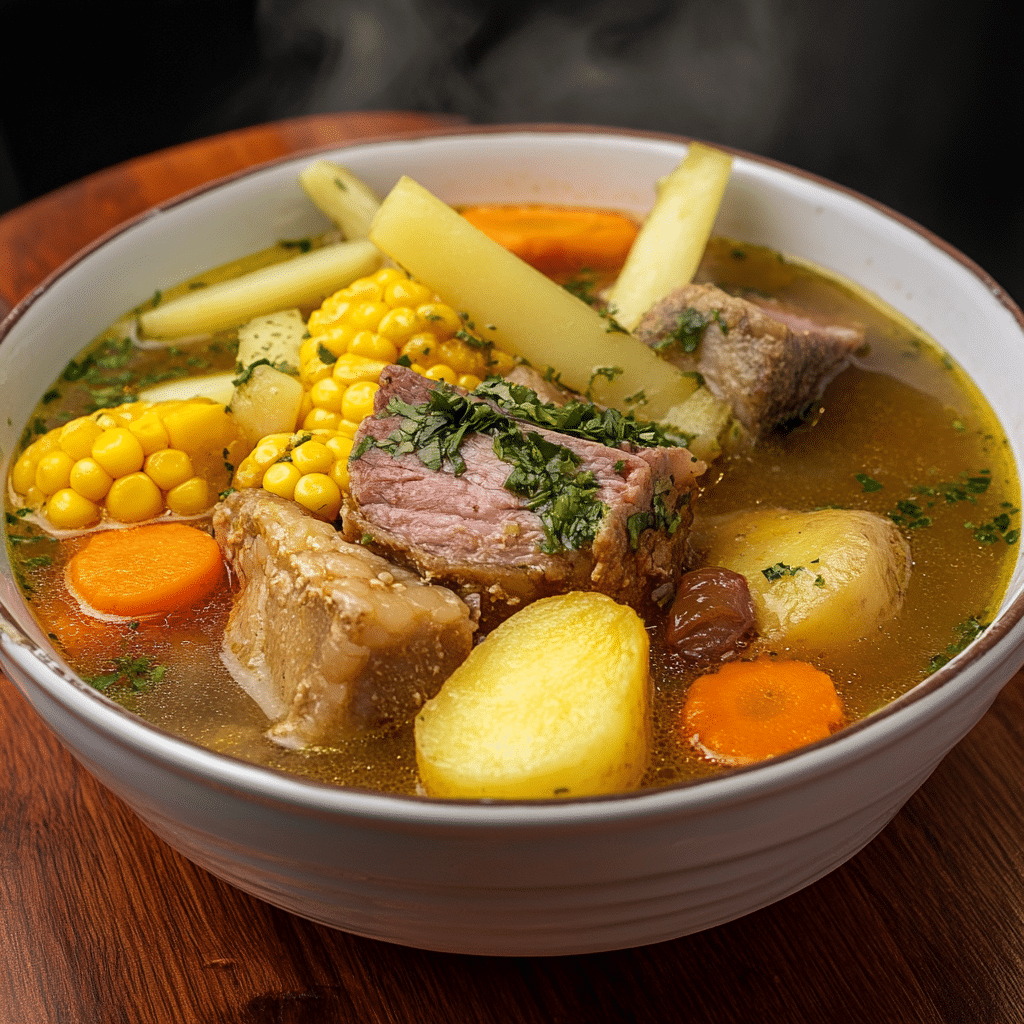 Un plato con sancocho de hueso blanco, si deseas una receta diferente y llena de sabor, receta de Chef Goya.