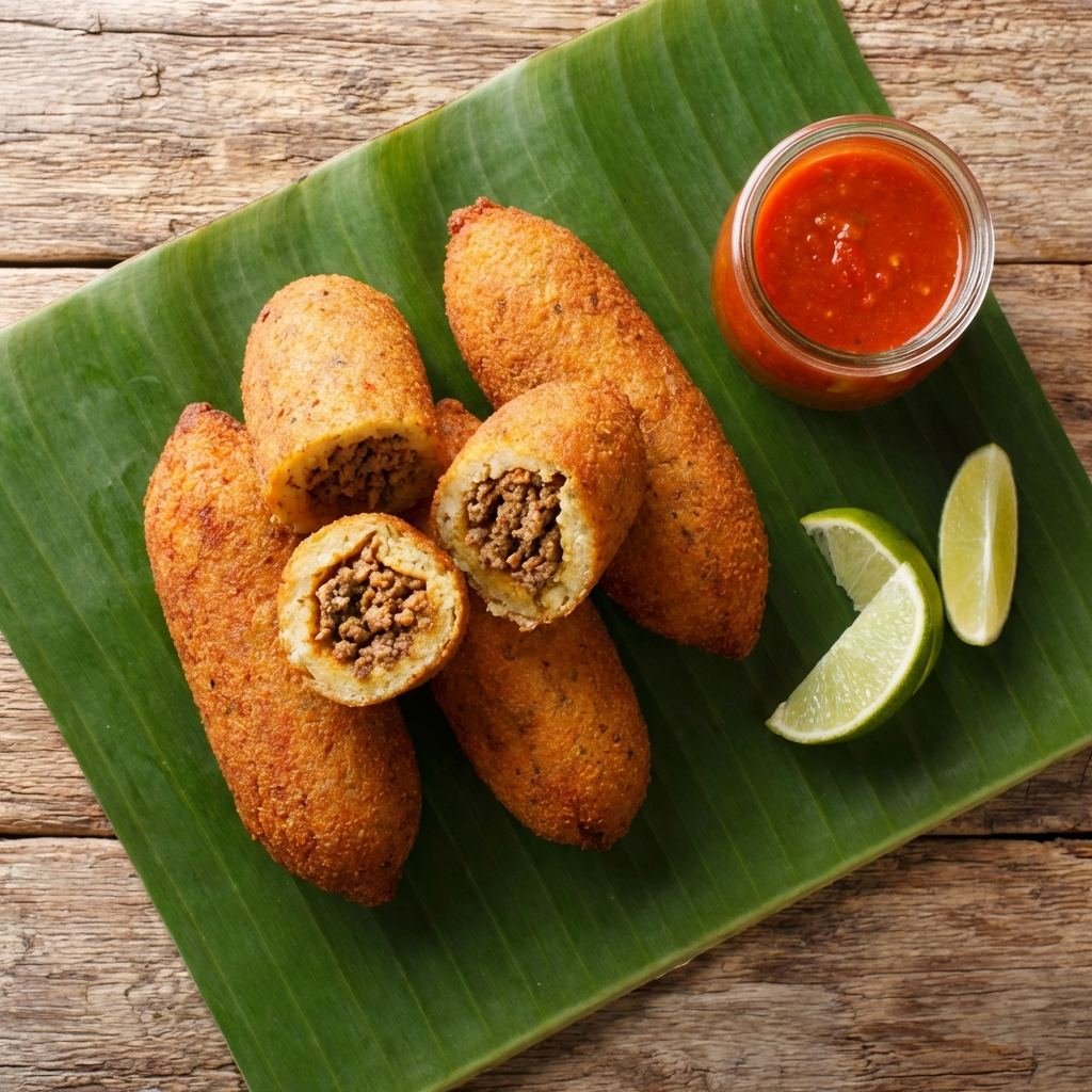 Alcapurrias puertorriqueñas rellenas de picadillo servidas sobre hoja de plátano