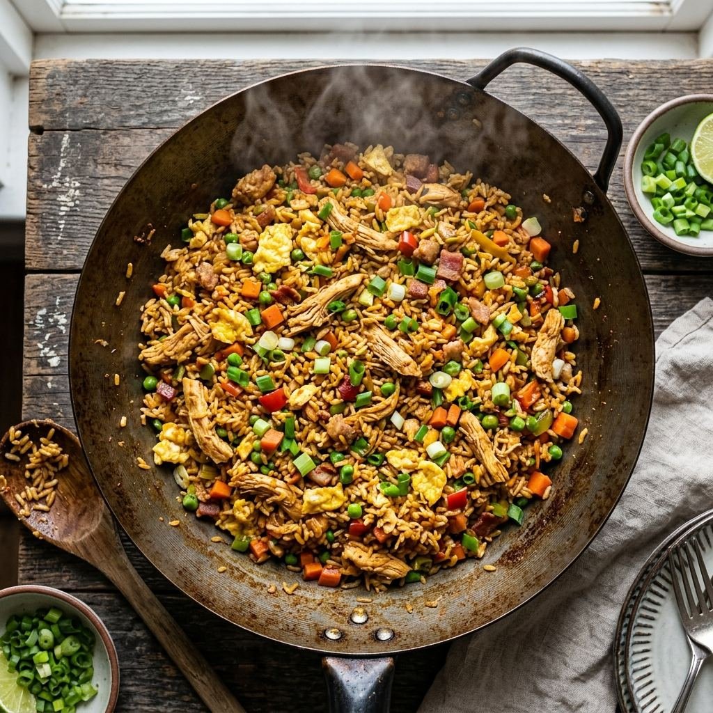 Arroz chino boricua servido en plato con huevo, pollo y vegetales salteados
