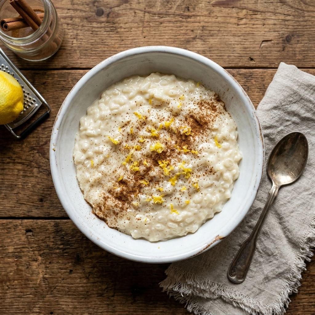 Arroz con leche cubano cremoso con canela espolvoreada en tazón blanco