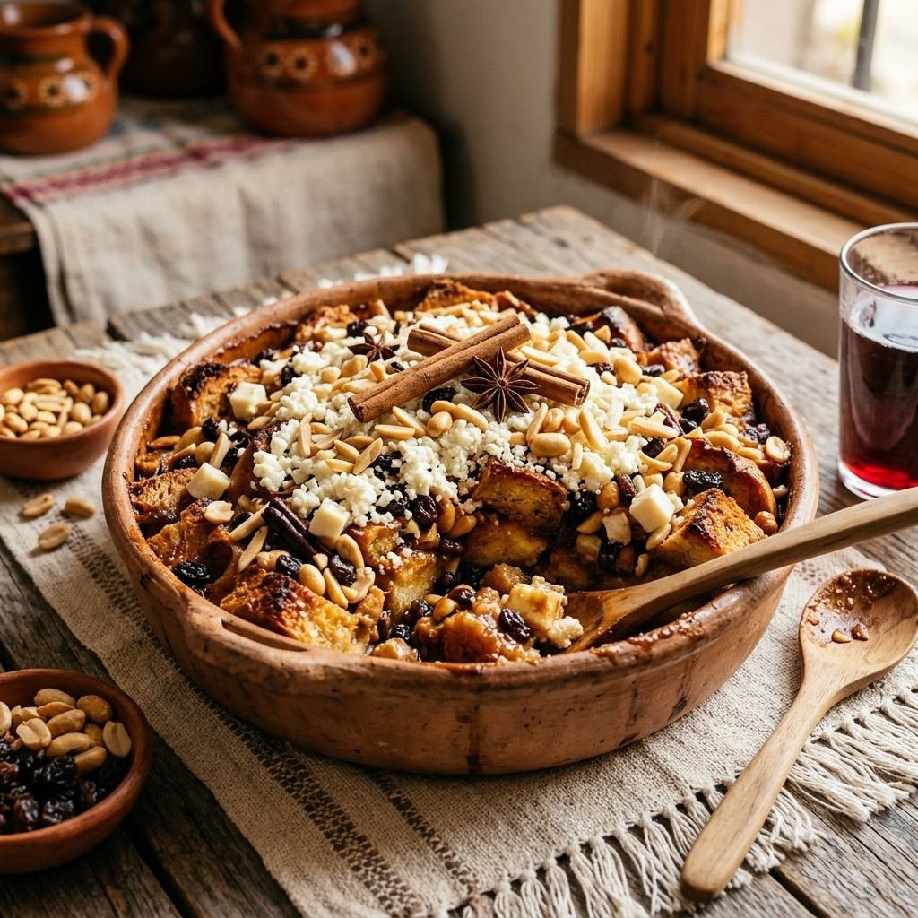 Capirotada mexicana tradicional con piloncillo, pasas, cacahuates y queso fresco — receta para Semana Santa