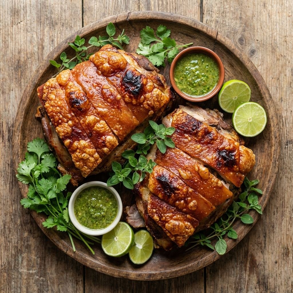 Pernil al horno puertorriqueño con piel crujiente dorada servido en fuente
