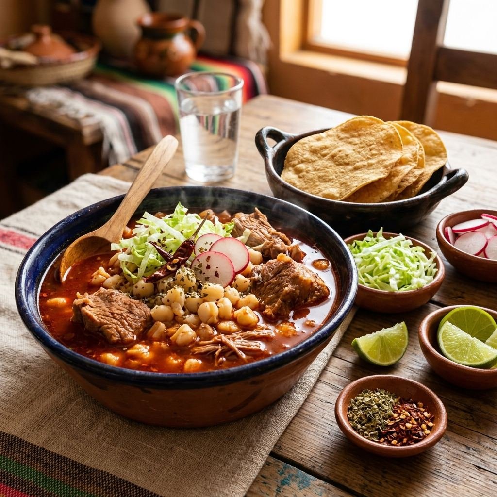 Pozole rojo mexicano con maíz cacahuazintle, carne de cerdo y guarniciones tradicionales