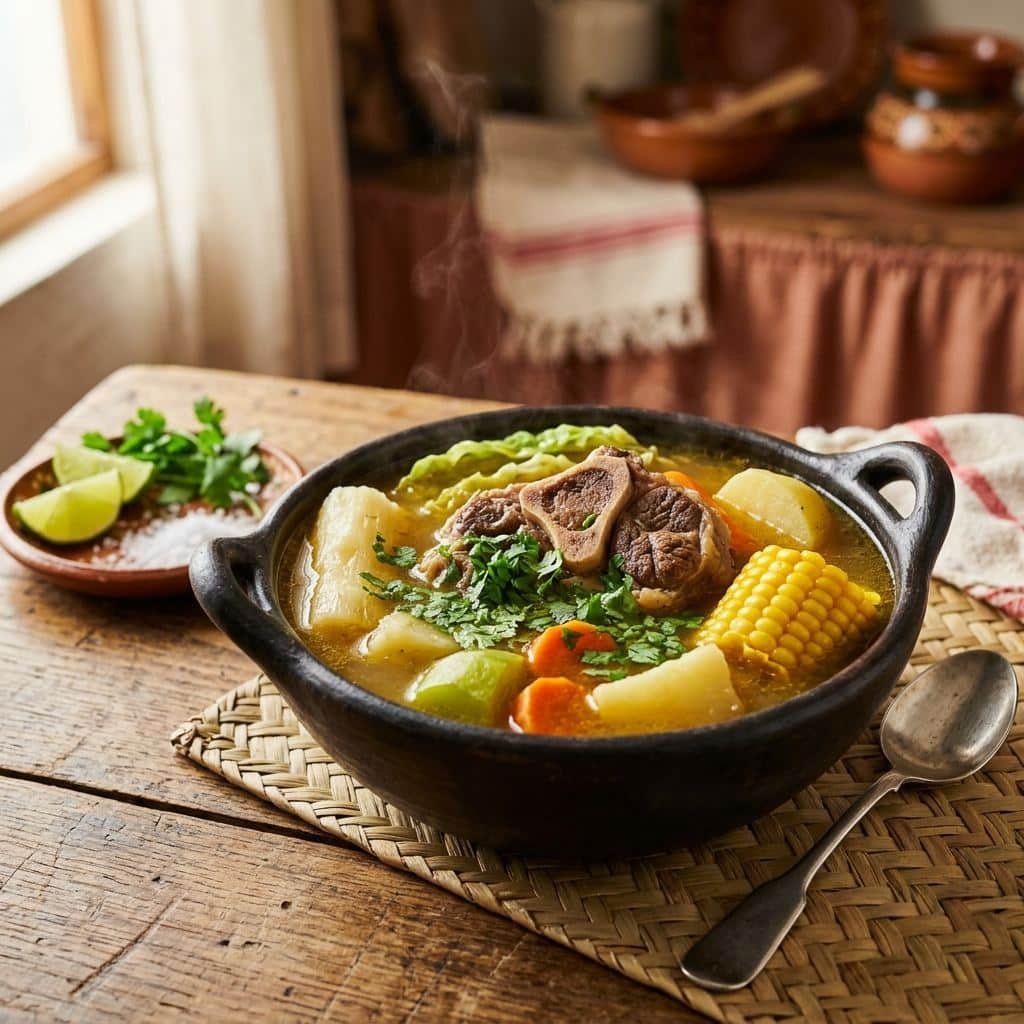 Sopa de res con yuca, maíz, zanahoria y verduras en caldo de hueso