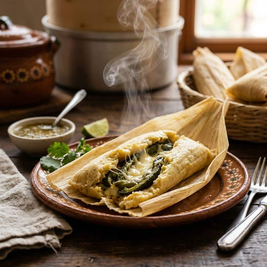 Tamales de rajas con queso, envueltos en hojas de maíz