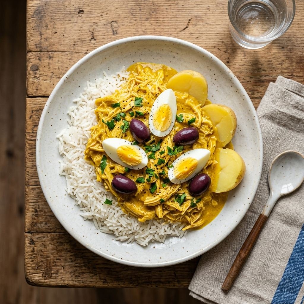 Ají de gallina peruano con pollo desmechado en salsa cremosa de ají amarillo, arroz blanco, papas y aceitunas