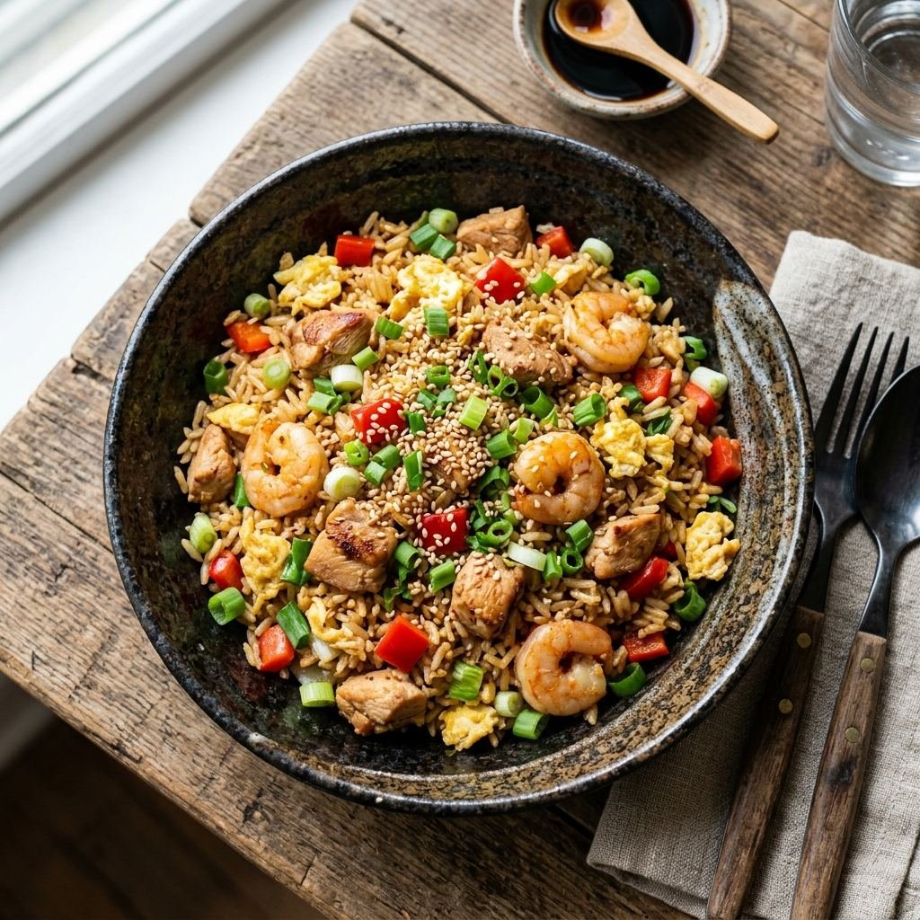 Plato de arroz chaufa peruano con pollo y langostinos servido en un bowl de cerámica