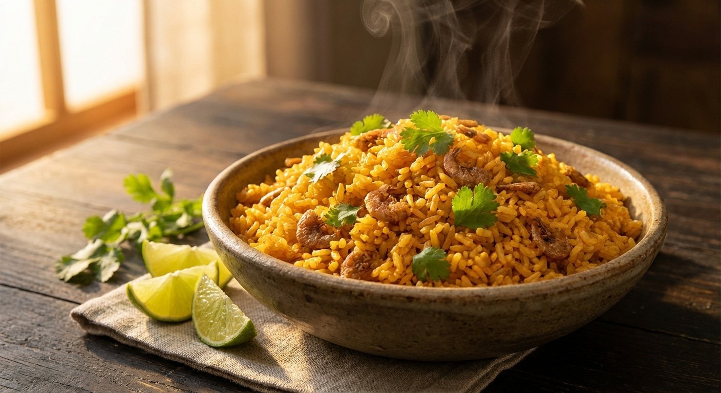 Arroz con camarón seco en bowl de barro con cilantro y limón