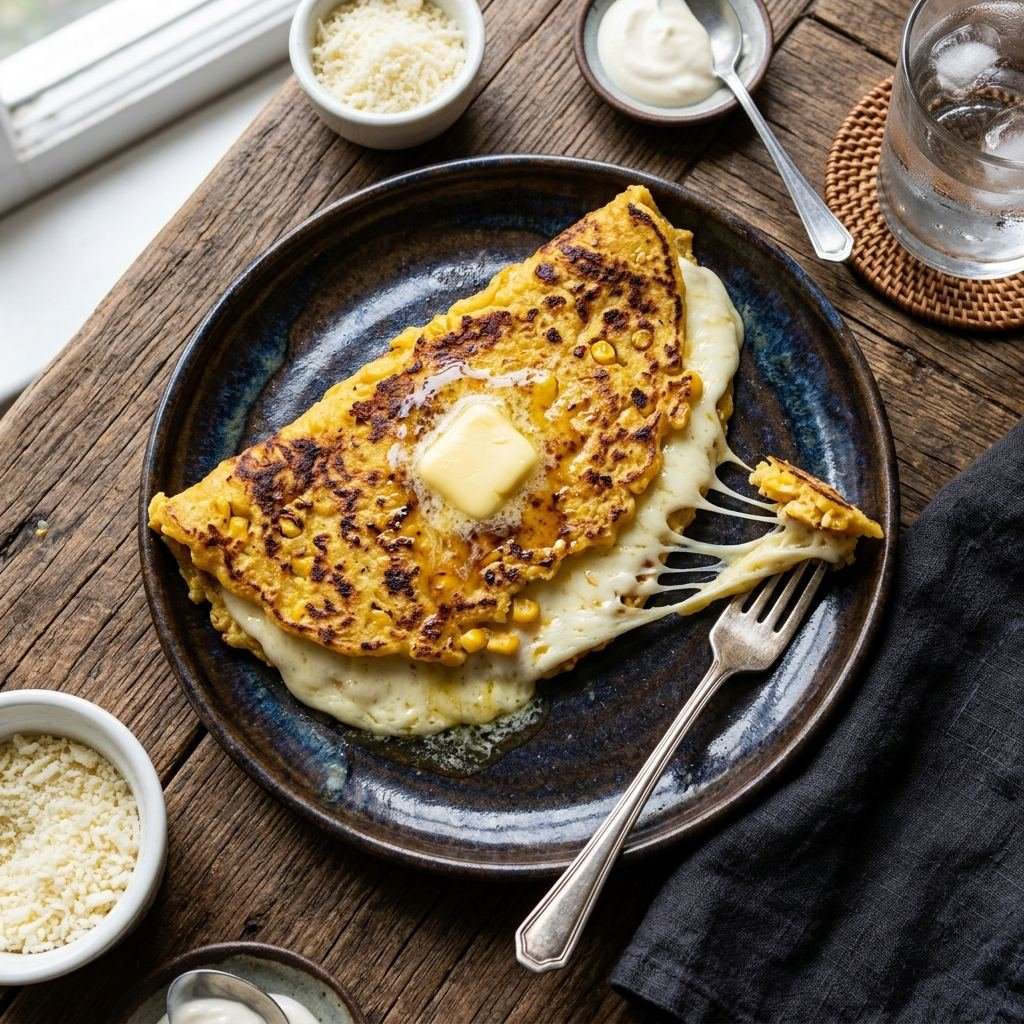 Cachapas venezolanas doradas rellenas de queso de mano derretido servidas en plato rústico