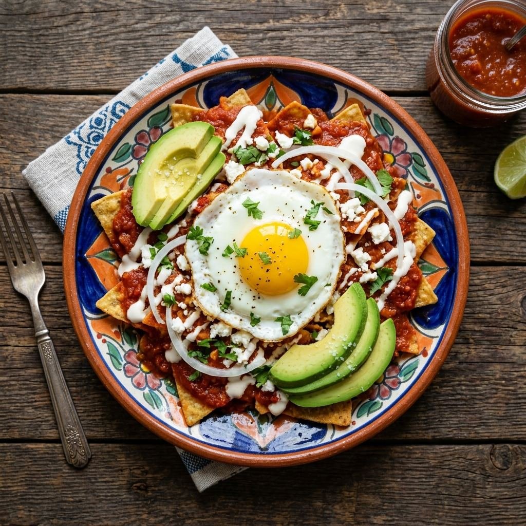 Chilaquiles rojos con crema queso fresco aguacate y huevo estrellado