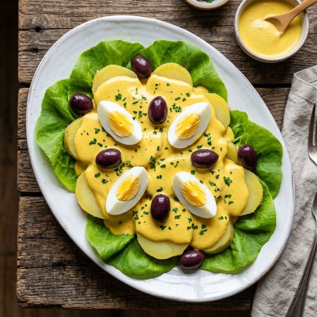 Papa a la huancaína peruana con salsa cremosa de ají amarillo, huevo duro y aceitunas negras