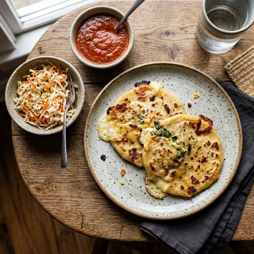 Pupusas salvadoreñas doradas rellenas de queso con curtido y salsa roja