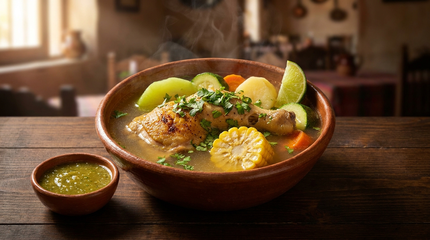 Caldo de pollo mexicano casero en tazón de barro, con piezas de pollo con hueso, rodajas de elote, chayote, calabacita y zanahoria, caldo dorado humeante, cilantro fresco y limón al lado