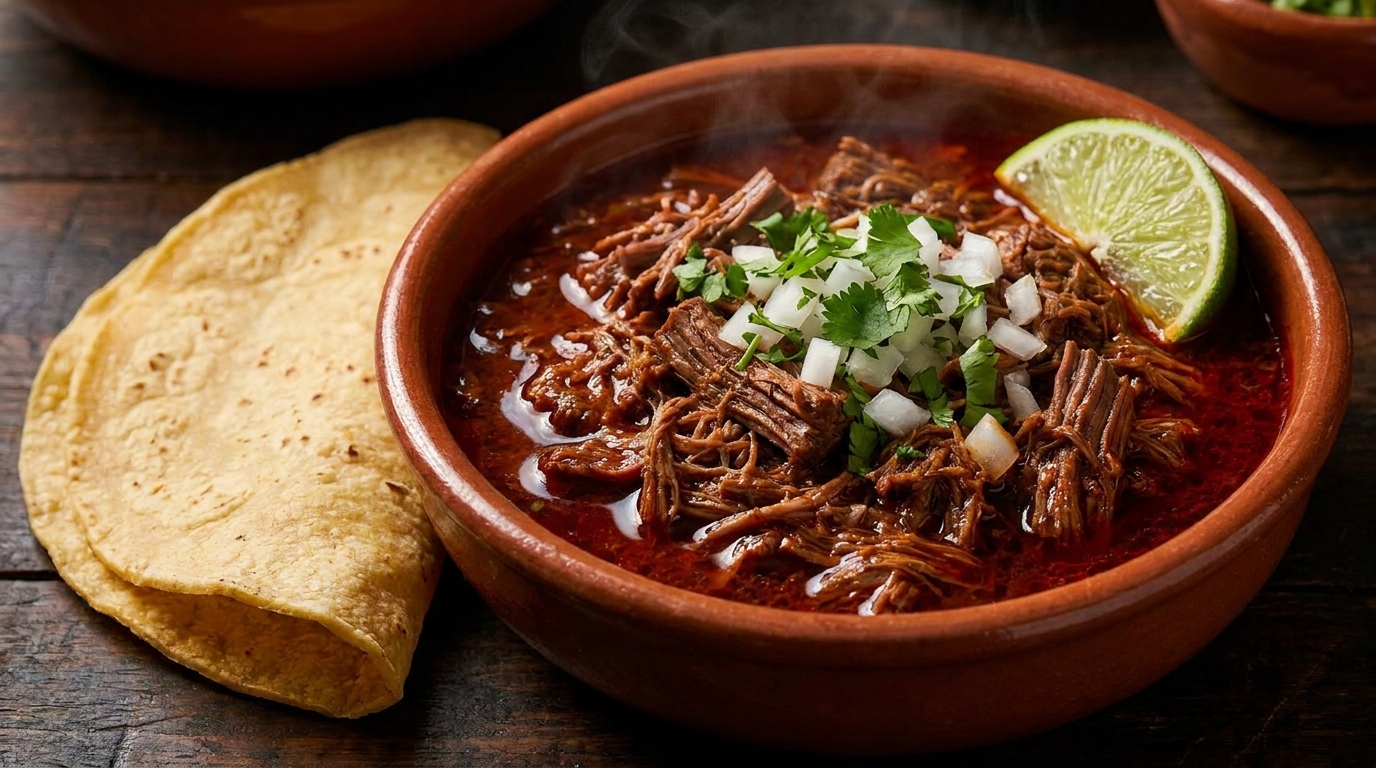 Birria de res auténtica en tazón de barro: carne deshebrada en consomé rojo de chiles guajillo y ancho, con cebolla picada, cilantro fresco y limón, tortillas de maíz al lado