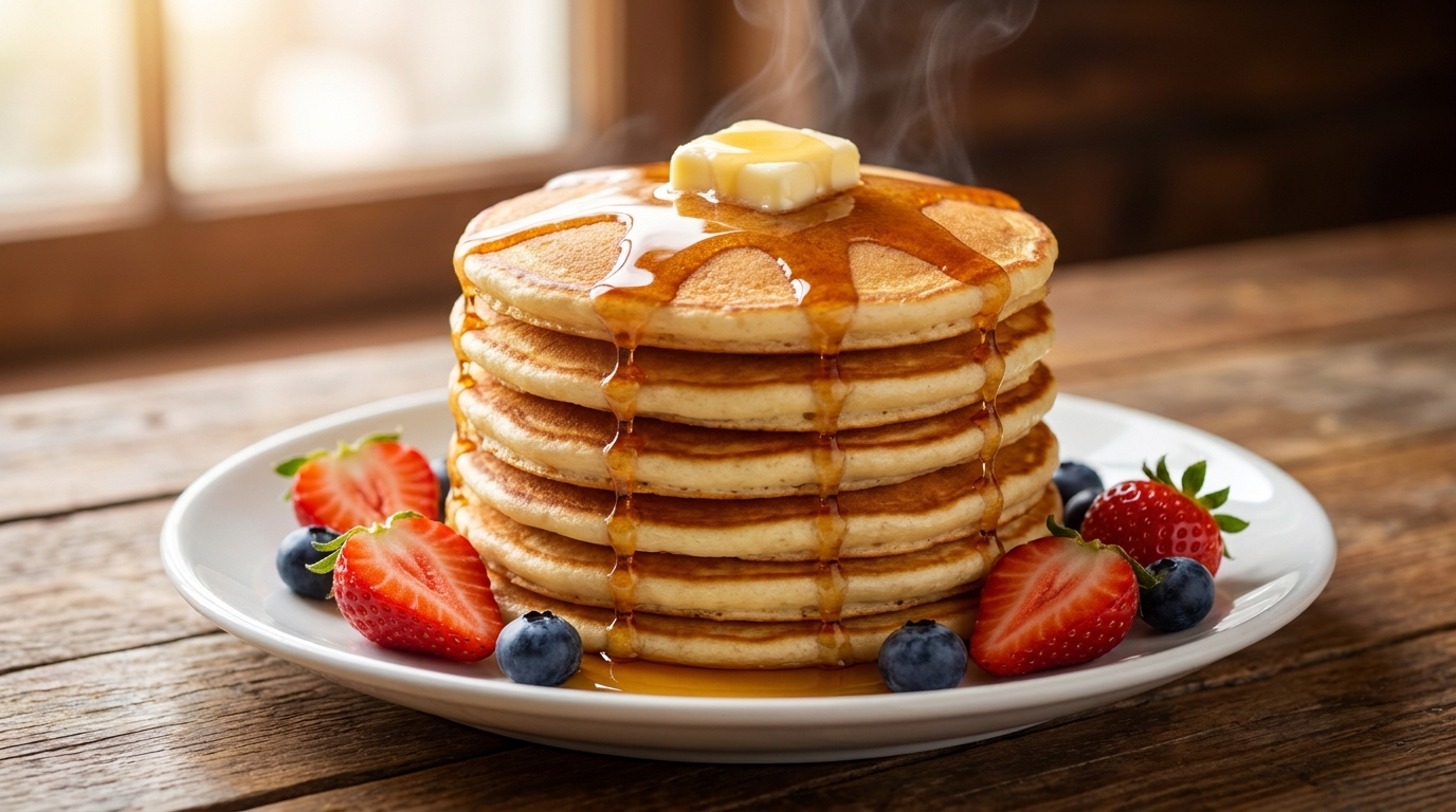 Torre de hot cakes esponjosos y dorados con mantequilla derritiéndose y miel de maple, acompañados de fresas y moras azules frescas sobre una mesa de madera rústica
