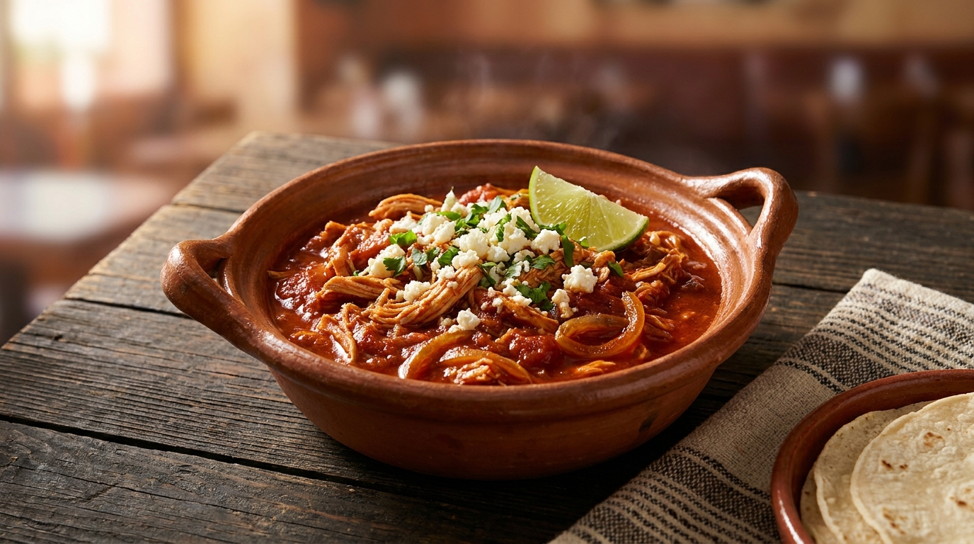 Tinga de pollo auténtica en cazuela de barro: pollo deshebrado en salsa de chipotle y jitomate asado, con cebolla en juliana, cilantro fresco y queso fresco desmoronado