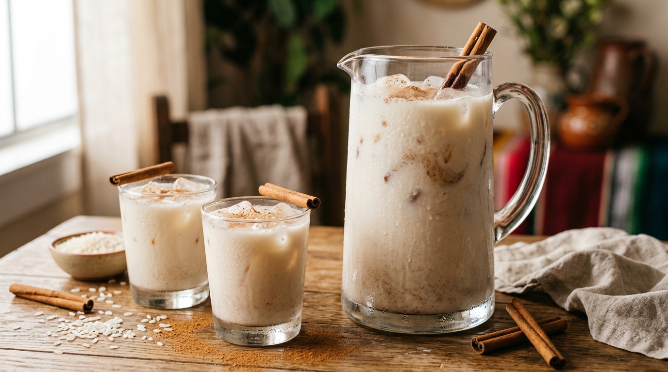 Jarra de vidrio con agua de horchata mexicana cremosa, hielo y ramas de canela sobre mesa de madera rústica