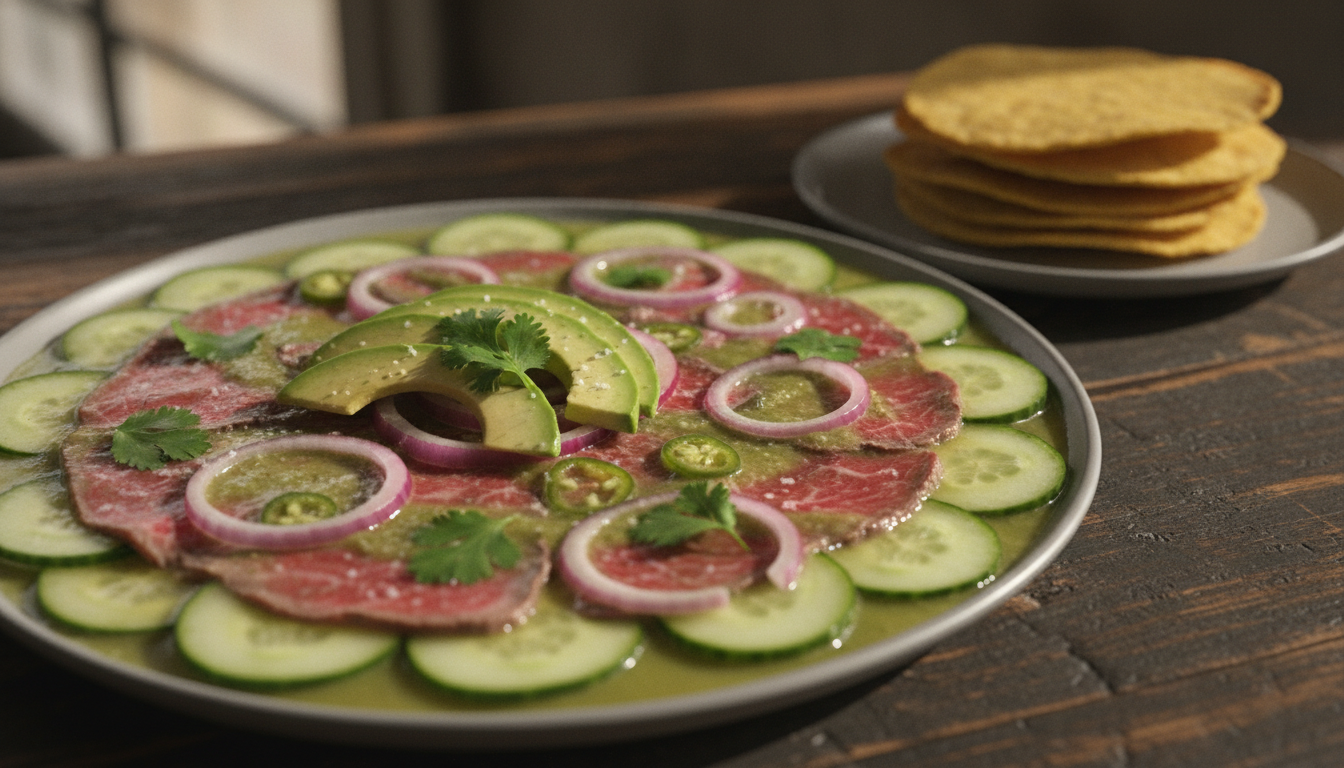 Aguachile de ribeye con tiras de carne de res marinada en limón y chile, servido con pepino, aguacate, cebolla morada y tostadas