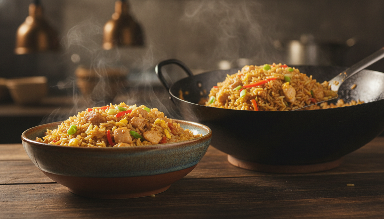 Arroz chaufa peruano recién preparado en un wok, con pollo, huevo revuelto y cebolla china, servido en un bowl de cerámica