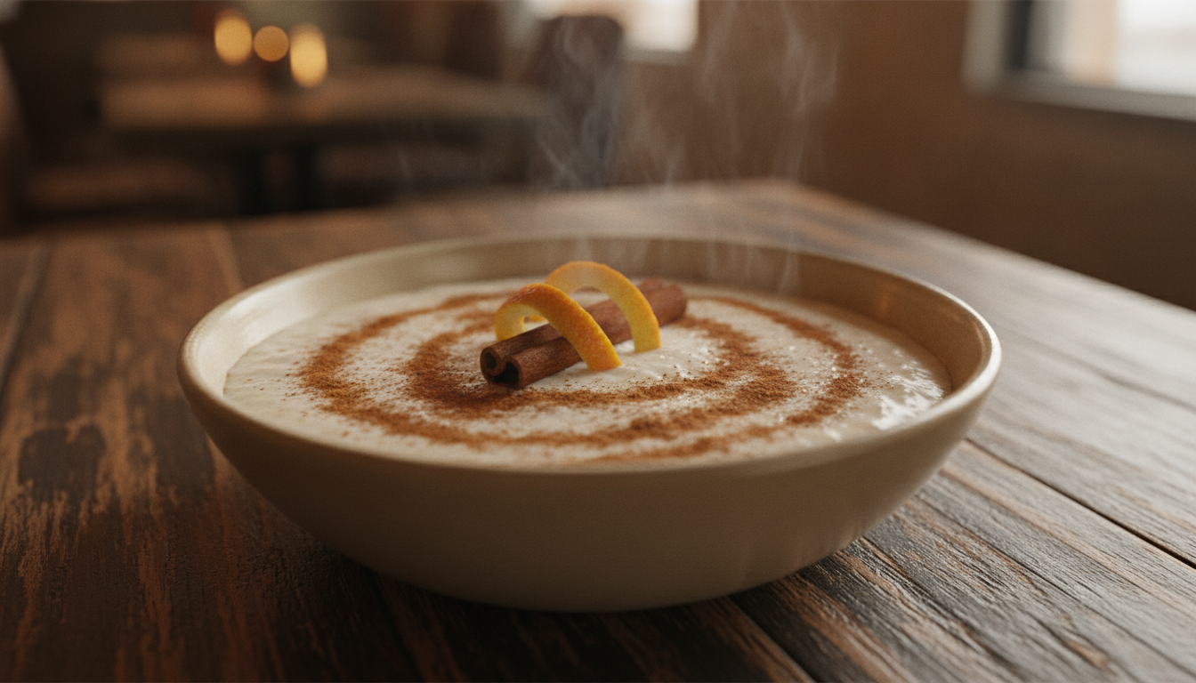 Tazón de arroz con leche cremoso espolvoreado con canela, con una rama de canela y cáscara de naranja, sobre una mesa de madera rústica