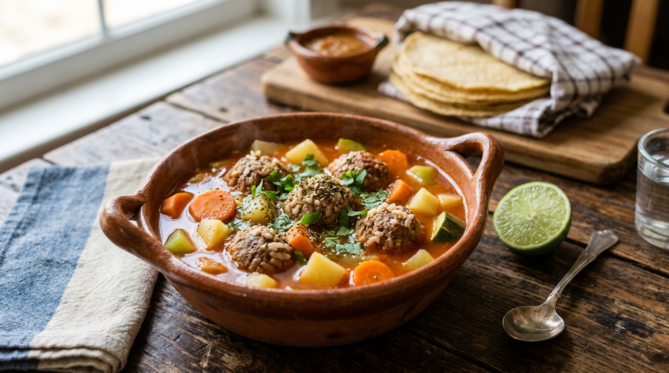 Caldo de albóndigas mexicano en un plato de barro con zanahoria, papa, calabacita y cilantro fresco, acompañado de tortillas de maíz y limón, receta de Chef Goya.