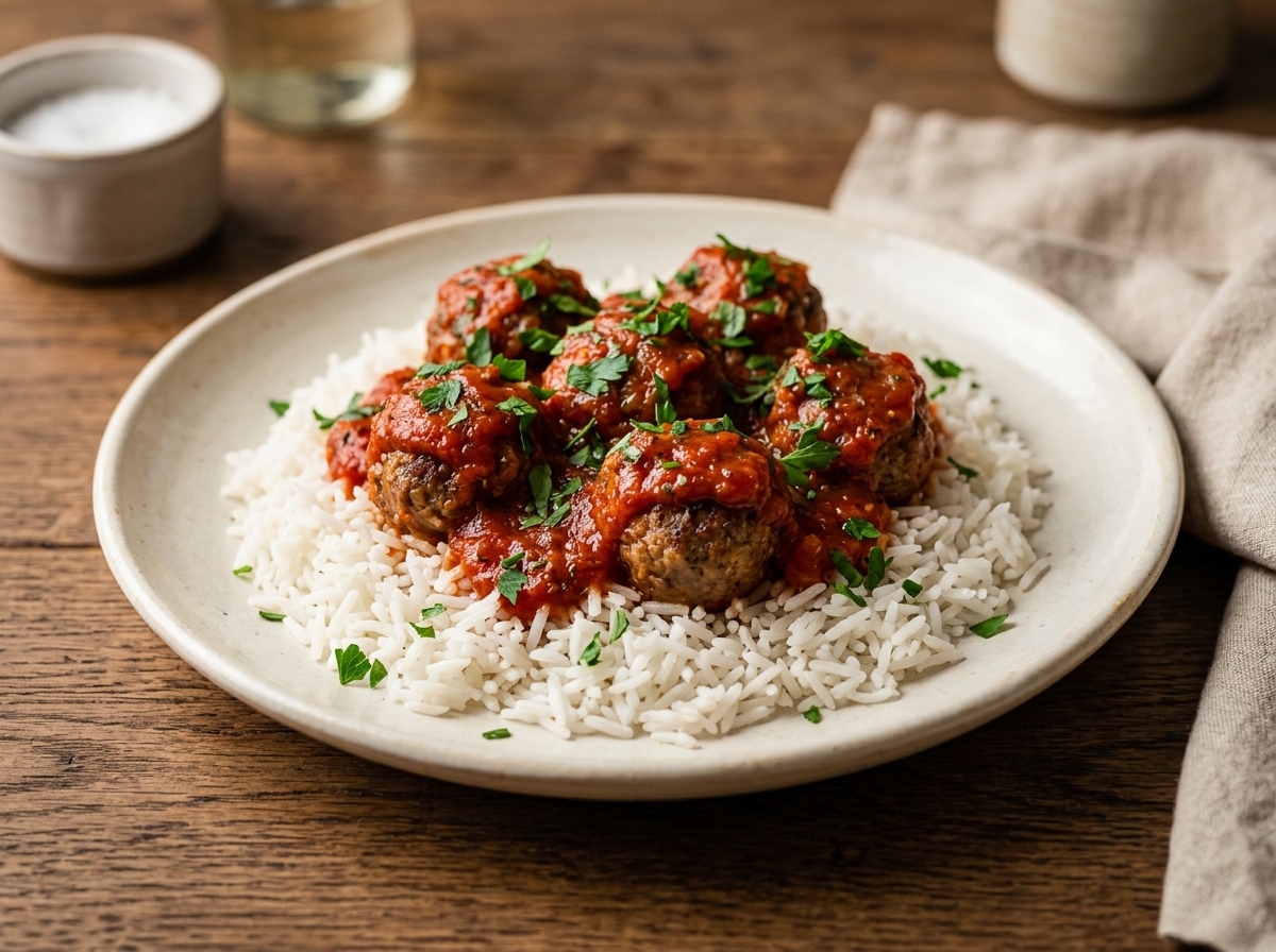 Albóndigas en salsa de tomate sobre arroz blanco