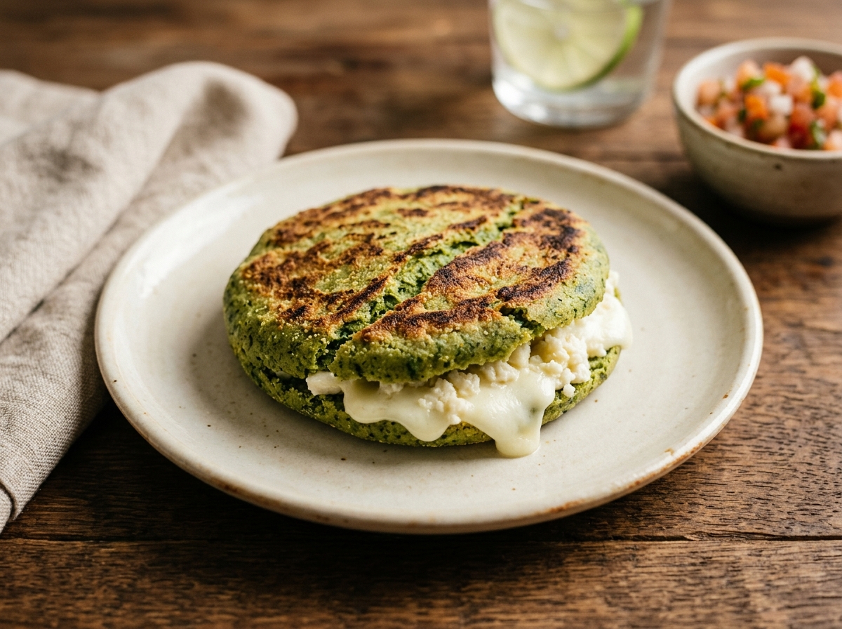 Arepa de espinacas venezolana con masa verde rellena de queso blanco