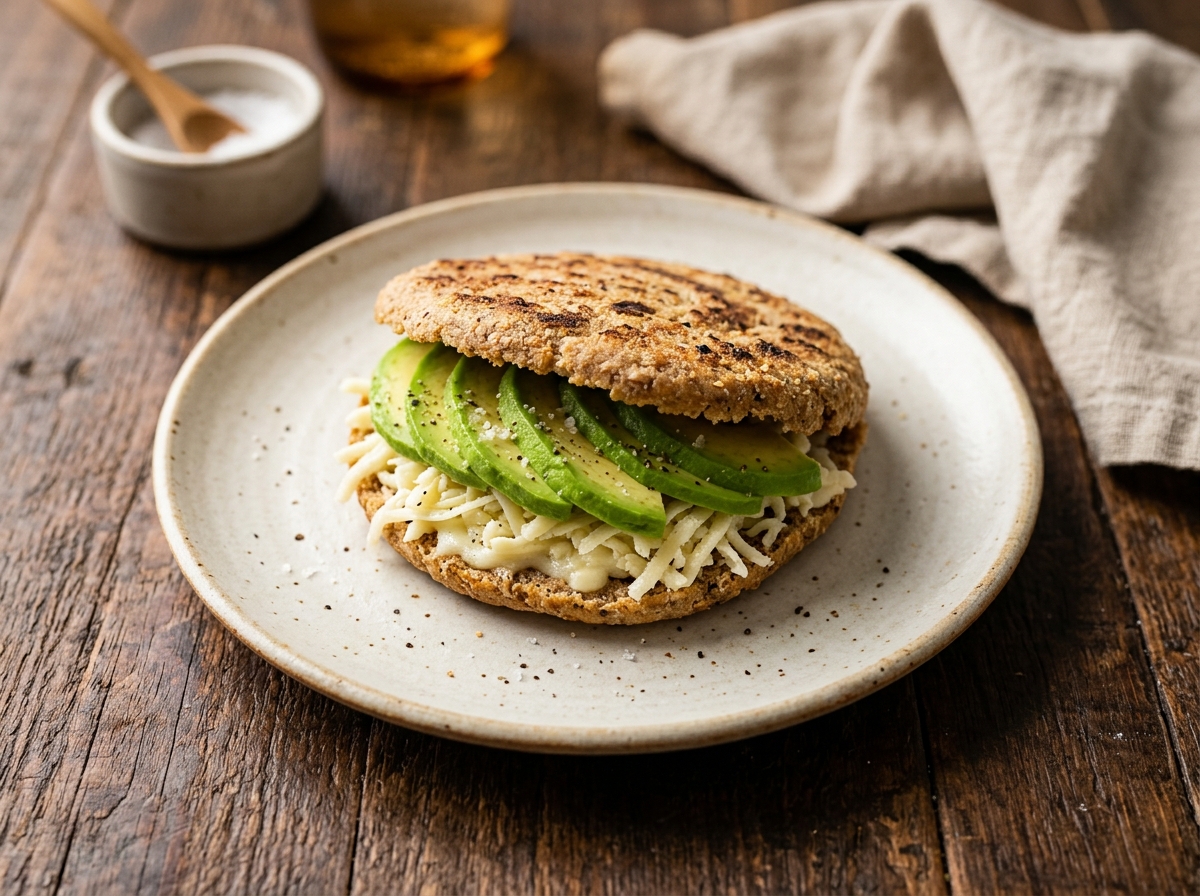 Arepa integral tostada rellena de queso rallado y aguacate